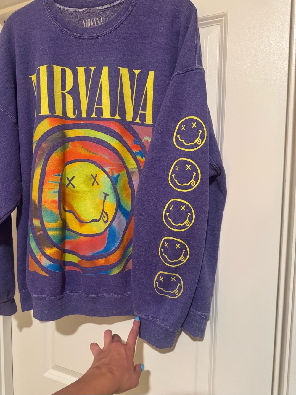 NIRVANA Purple Crewneck Sweatshirt with Multicolor Smiley Graphic - Picture 2 of 4
